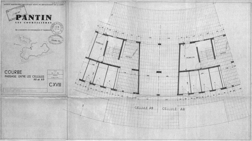 Les Courtillières. - 800 logements économiques et familiaux, projet de construction par la Société immobilière d'économie mixte du département de la Seine : plan du passage entre les cellules A8 et A9 du Serpentin.