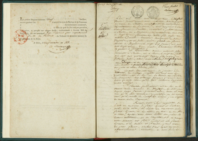 Commune de Pantin : registre des actes de mariage.