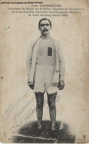Jean Vermeulen, champion du monde des 10 milles, gagnant du marathon et du cross-country interallié aux olympiades militaires du stade Pershing.