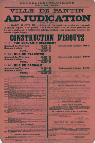 Construction d'égouts rues Benjamin-Delessert, Palestro et de Candale : affiche.