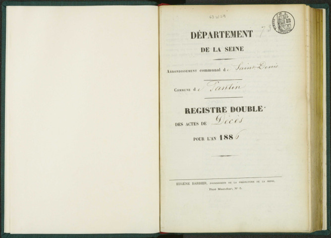 Commune de Pantin : registre des actes de décès.