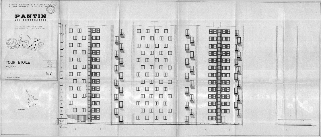 Les Courtillières. - 400 logements HLM de type B, projet de construction par l'Office municipal d'habitations à loyer modéré de la ville de Pantin : élévations des façades de la tour Étoile.