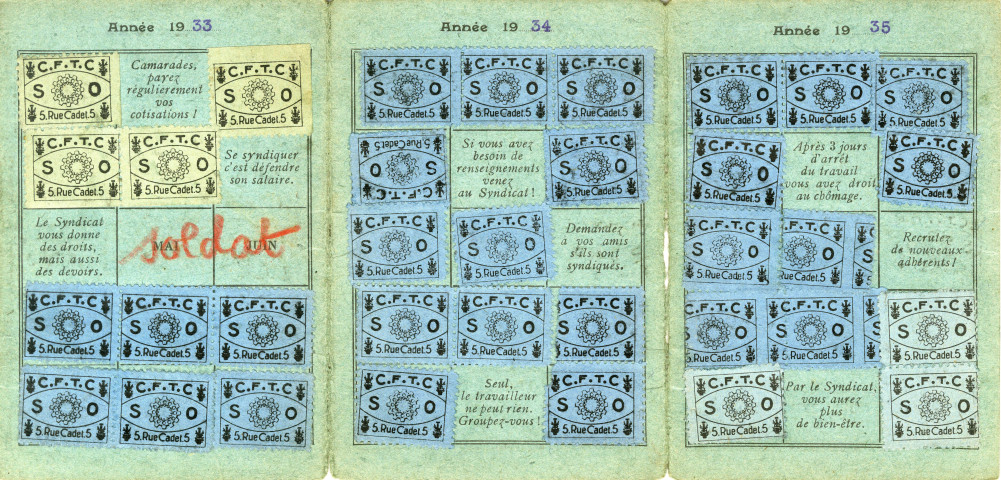 Cartes d'adhésion d'André Bourgeois à l'Université populaire de Pantin (UPP) (1931), à la Fédération des syndicats professionnels de la métallurgie de la Confédération française des travailleurs chrétiens (CFTC) (1933-1936), à la caisse d'assurances sociales La Familiale (1939), à l'Union paroissiale de Saint-Germain-l'Auxerrois de Pantin (1939) et à la Fédération nationale des familles (1945).