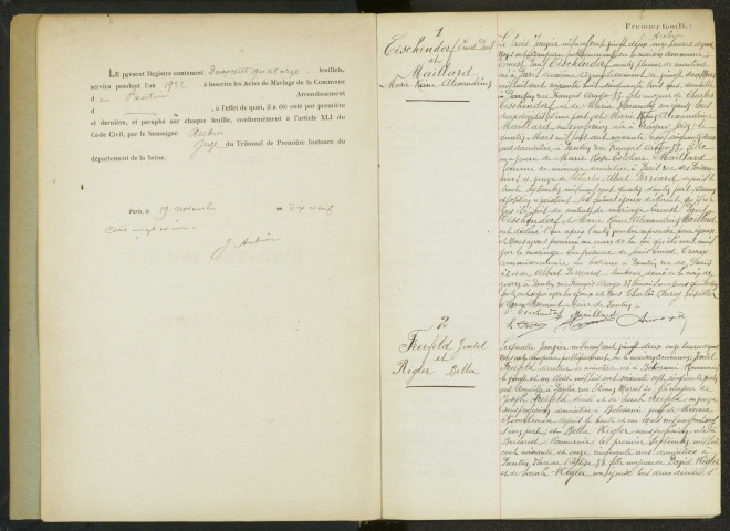 Commune de Pantin : registre des actes de mariage.