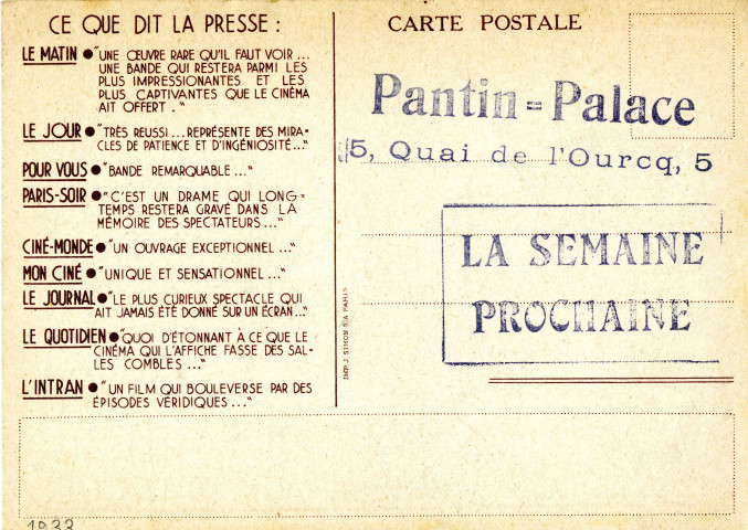 Documentaire animalier « Malheur aux vaincus » d'Harold Austin, diffusion au cinéma Pantin-Palace sis 5 quai de l'Ourcq : carte postale publicitaire.