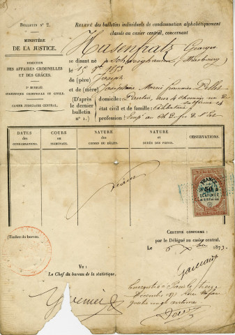 Casier judiciaire de Georges Hasenfratz [grand-père de Roger Hasenfratz], employé des chemins de fer demeurant 14 rue Solférino [actuelle rue Davoust] : extrait du bulletin n° 2.
