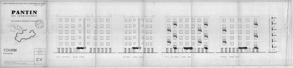 Les Courtillières. - 800 logements économiques et familiaux, projet de construction par la Société immobilière d'économie mixte du département de la Seine : élévations des façades des courbes du Serpentin.