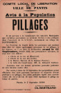 Comité local de libération. - « Des pillages ont été fait dans l'enceinte du triage SNCF de Pantin-Bobigny. Appel aux personnes possédant des objets issus de ceux-ci de les déclarer avant le 15 septembre. À dater du 15 septembre des poursuites seront engagées » : affiche.