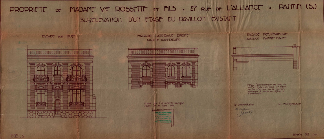 27 rue Eugène-et-Marie-Louise-Cornet [ancienne rue de l'Alliance], construction (1910) et surrélévation (1934) : permis de construire.