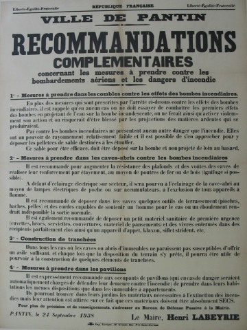 Recommandations complémentaires concernant les mesures à prendre contre les bombardements aériens et les dangers d'incendie : affiche.
