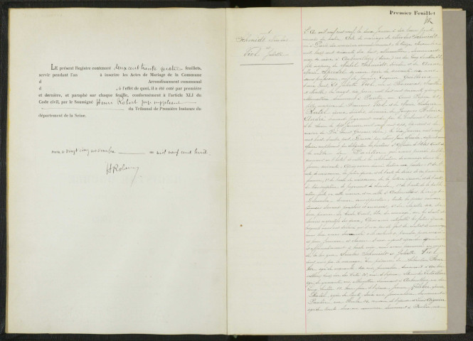 Commune de Pantin : registre des actes de mariage.