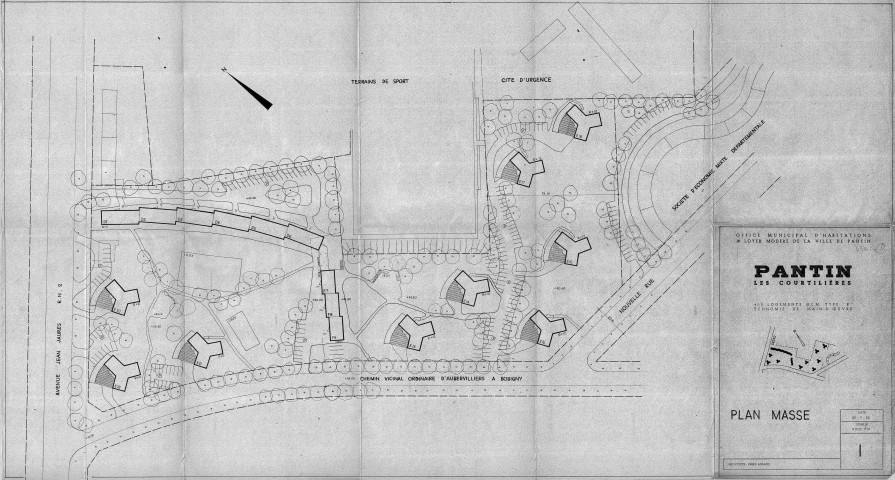Les Courtillières. - 400 logements HLM de type B, projet de construction par l'Office municipal d'habitations à loyer modéré de la ville de Pantin : plan masse.