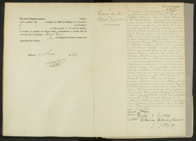 Commune de Pantin : registre des actes de mariage.