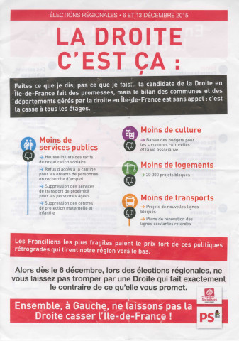 Élections régionales des 6 et 13 décembre 2015. - Premier tour : tract « En Seine-Saint-Denis, la droite c'est ça » du Parti socialiste.