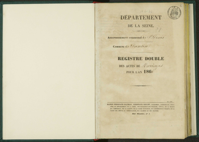 Commune de Pantin : registre des actes de mariage.