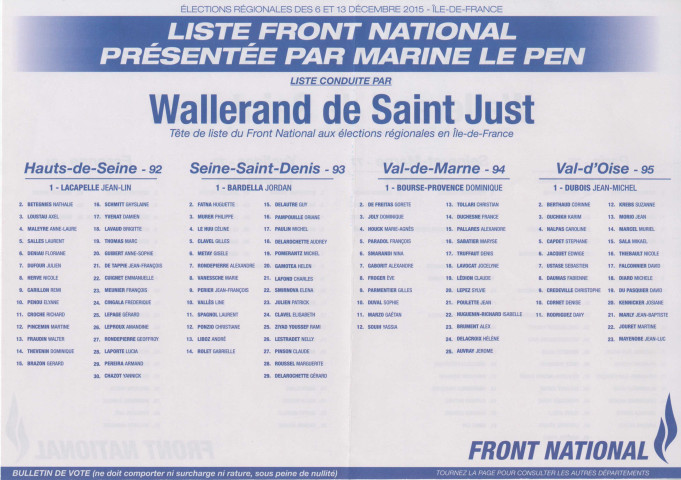 Élections régionales des 6 et 13 décembre 2015. - Premier tour : profession de foi et bulletin de vote de la liste Front national.