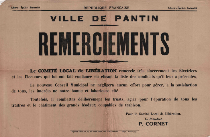Remerciements du comité local de libération à ses électeurs : affiche.