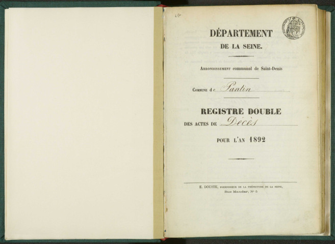 Commune de Pantin : registre des actes de décès.