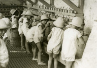 École de Plein-Air, enfants se brossant les dents devant un lavabo : photographie noir et blanc.