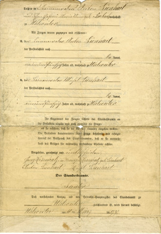 Mariage de Georges Hasenfratz et de Véronique Lienhart [grands-parents de Roger Hasenfratz] en mai 1878 : certificat.