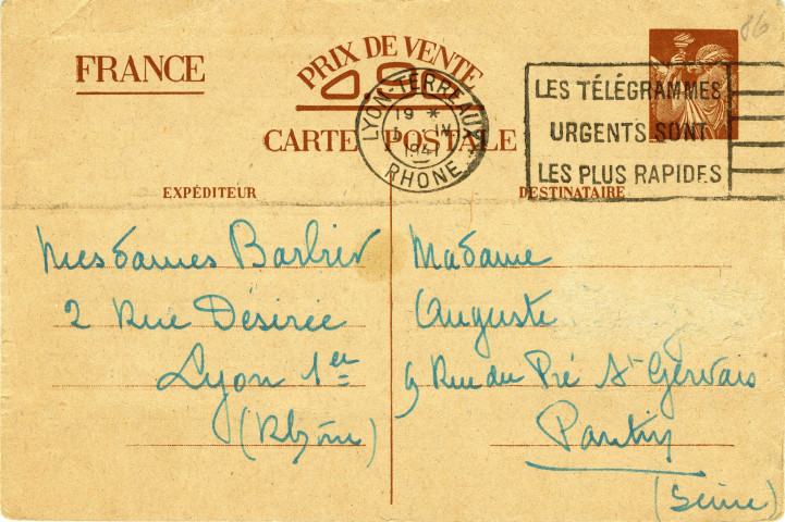Correspondance entre Anne Bourgeois et Alice Barbier : cartes postales pré-imprimées (12 novembre 1940 et 31 mars 1941).