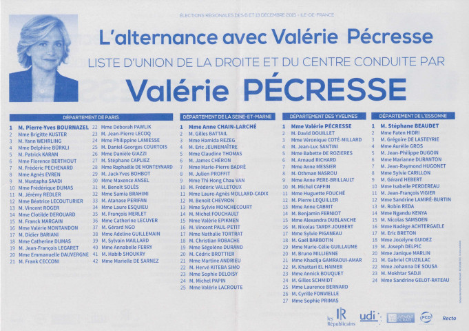 Élections régionales des 6 et 13 décembre 2015. - Premier tour : profession de foi et bulletin de vote de la liste L'alternance avec Valérie Pécresse.