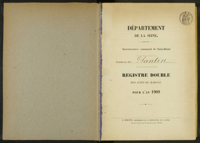 Commune de Pantin : registre des actes de mariage.