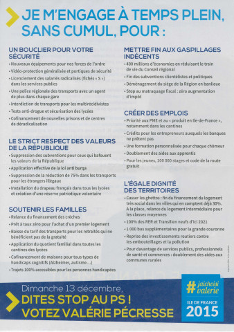 Élections régionales des 6 et 13 décembre 2015. - Second tour : profession de foi et bulletin de vote de la liste L'alternance avec Valérie Pécresse.
