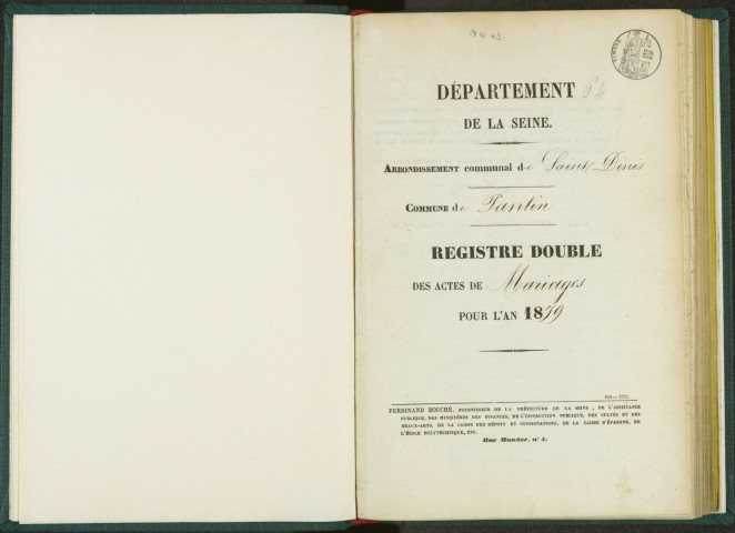 Commune de Pantin : registre des actes de mariage.