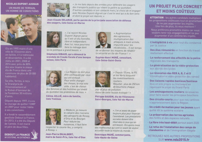 Élections régionales des 6 et 13 décembre 2015. - Premier tour : profession de foi et bulletin de vote de la liste Debout la France.