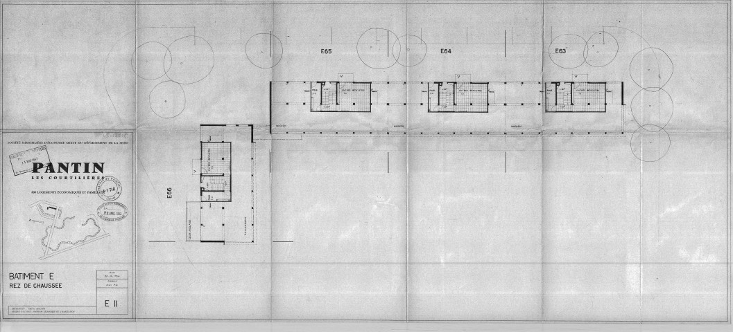 Les Courtillières. - 800 logements économiques et familiaux, projet de construction par la Société immobilière d'économie mixte du département de la Seine : plan du rez-de-chaussée du bâtiment E.