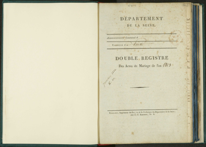 Commune de Pantin : registre des actes de mariage.