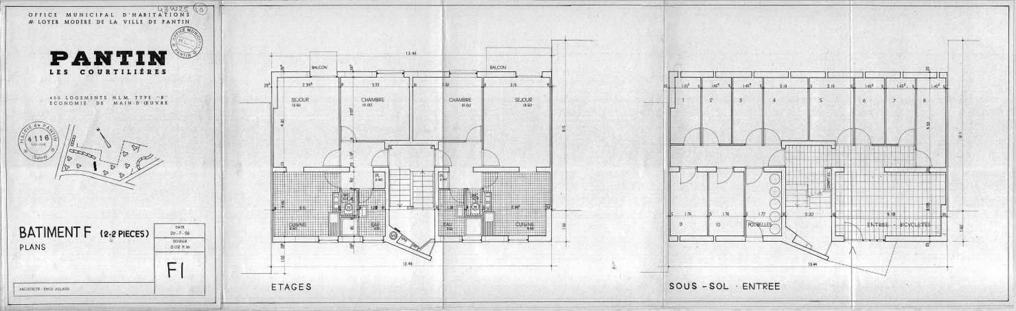Les Courtillières. - 400 logements HLM de type B, projet de construction par l'Office municipal d'habitations à loyer modéré de la ville de Pantin : plans du sous-sol et des étages du bâtiment F (2 pièces).