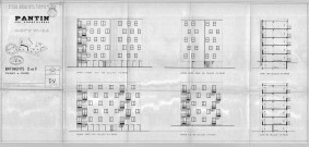 Les Courtillières. - 400 logements HLM de type B, projet de construction par l'Office municipal d'habitations à loyer modéré de la ville de Pantin : élévations des façades et coupes des bâtiments D et F.