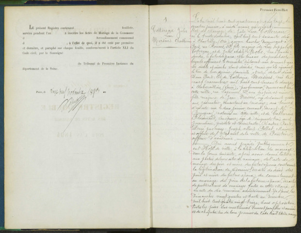 Commune de Pantin : registre des actes de mariage.