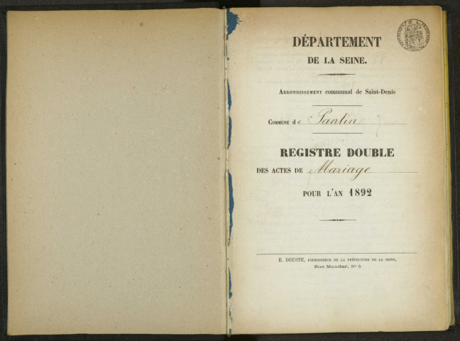 Commune de Pantin : registre des actes de mariage.