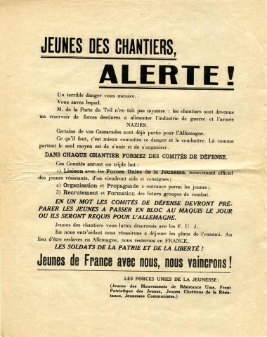 « Jeunes des chantiers, alerte ! » : tract des Forces unies de la jeunesse issu de la collection du Musée de la Résistance nationale.