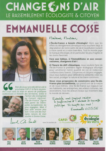 Élections régionales des 6 et 13 décembre 2015. - Premier tour : profession de foi et bulletin de vote de la liste Changeons d'air le rassemblement écologiste et citoyen.