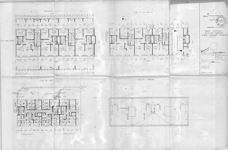 1 et 3, passage Privé. - Construction de 255 appartements, projet : plans du sous-sol, du rez-de-chaussée, de l'étage courant et des terrasses.