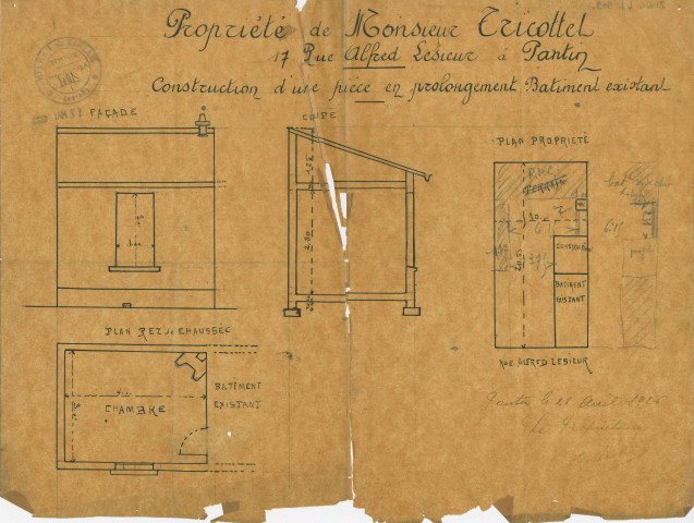 17 avenue Alfred-Lesieur, projet de construction d'une pièce en prolongement du bâtiment existant : permis de construire.