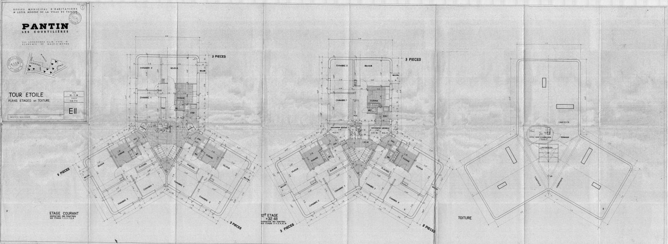 Les Courtillières. - 400 logements HLM de type B, projet de construction par l'Office municipal d'habitations à loyer modéré de la ville de Pantin : plans des étages et de la toiture de la tour Étoile.