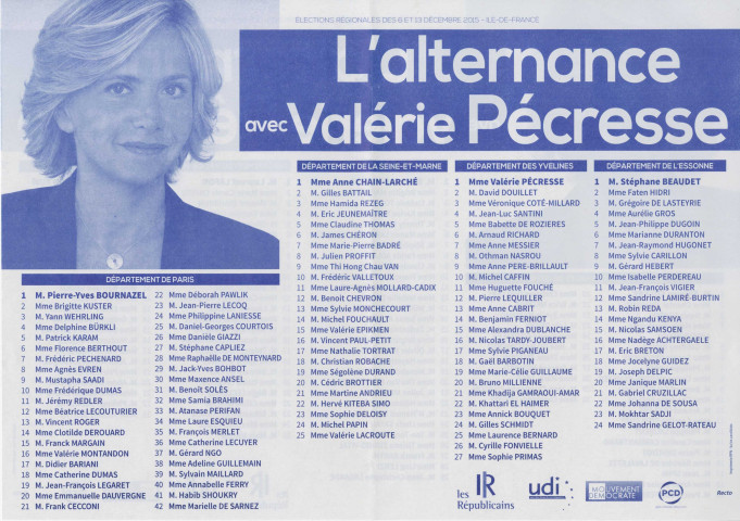 Élections régionales des 6 et 13 décembre 2015. - Second tour : profession de foi et bulletin de vote de la liste L'alternance avec Valérie Pécresse.