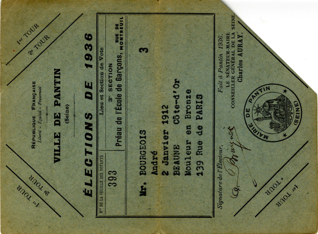 Cartes électorales d'André Bourgeois (1936, 1938, 1951, 1953, 1958, 1962).