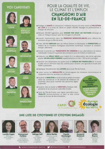 Élections régionales des 6 et 13 décembre 2015. - Premier tour : profession de foi et bulletin de vote de la liste Changeons d'air le rassemblement écologiste et citoyen.