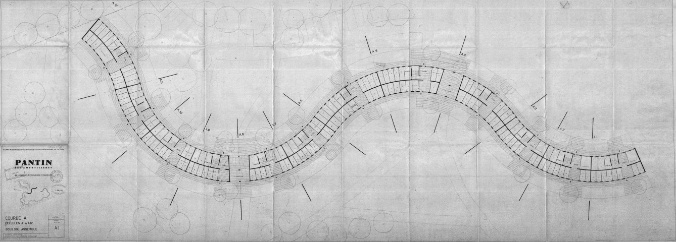 Les Courtillières. - 800 logements économiques et familiaux, projet de construction par la Société immobilière d'économie mixte du département de la Seine : plan du sous-sol de la courbe A du Serpentin (cellules A1-A12).