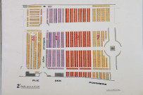 Plan du cimetière communal rue des Pommiers dressé par le service de la Voirie. - 2e feuille : divisions 1, 6 et 7 (dont habitat et bureau du conservateur, monuments aux morts).