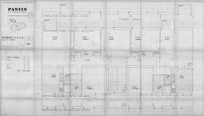 Les Courtillières. - 800 logements économiques et familiaux, projet de construction par la Société immobilière d'économie mixte du département de la Seine : plan des étages des bâtiments D-E-F-G.
