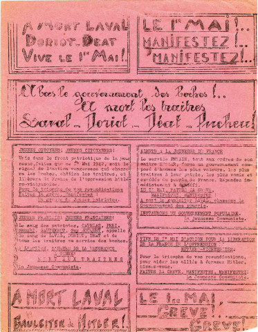 « À mort Laval, Doriot, Déat. Vive le 1er mai ! » : tract issu de la collection du Musée de la Résistance nationale.