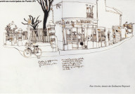 Dessin, rue Hoche, reproduction d'une oeuvre de Guillaume Reynard. Exposition à la bibliothèque Elsa-Triolet.