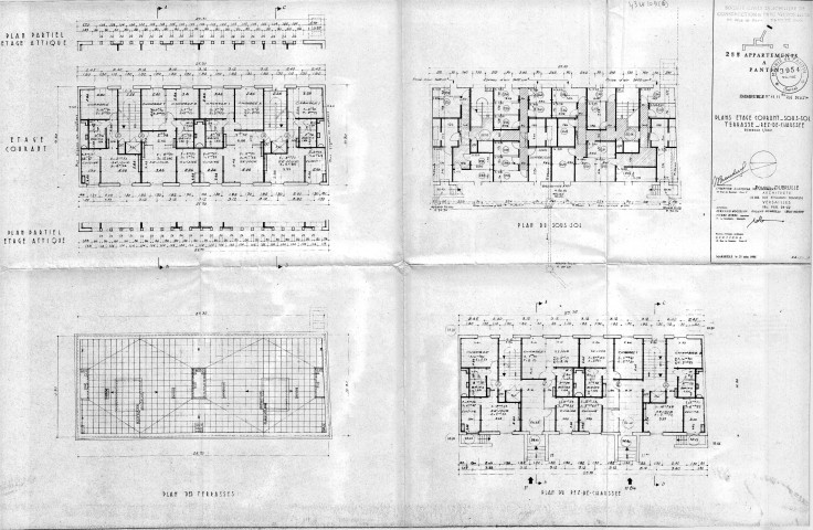 11 et 11 bis, rue Delizy. - Construction de 255 appartements, projet : plans de l'étage courant, du sous-sol, de la terrasse et du rez-de-chaussée.
